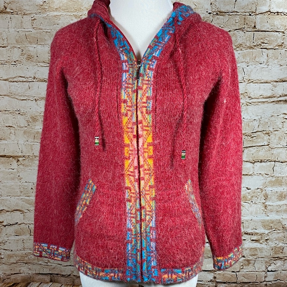 Alpaca Connection Hoodie Sweater Jacket Women’s Size S Full Zip Red / Multi